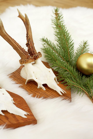 Horns on fur carpet, fir branch and Christmas tree ball