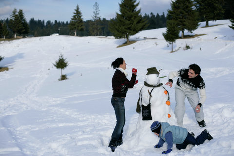 Family having a snowball fight