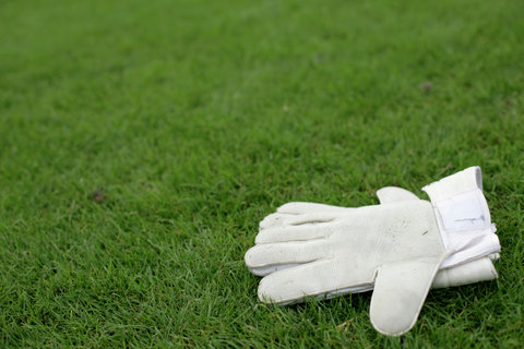 Gloves of a goalkeeper lying on grass